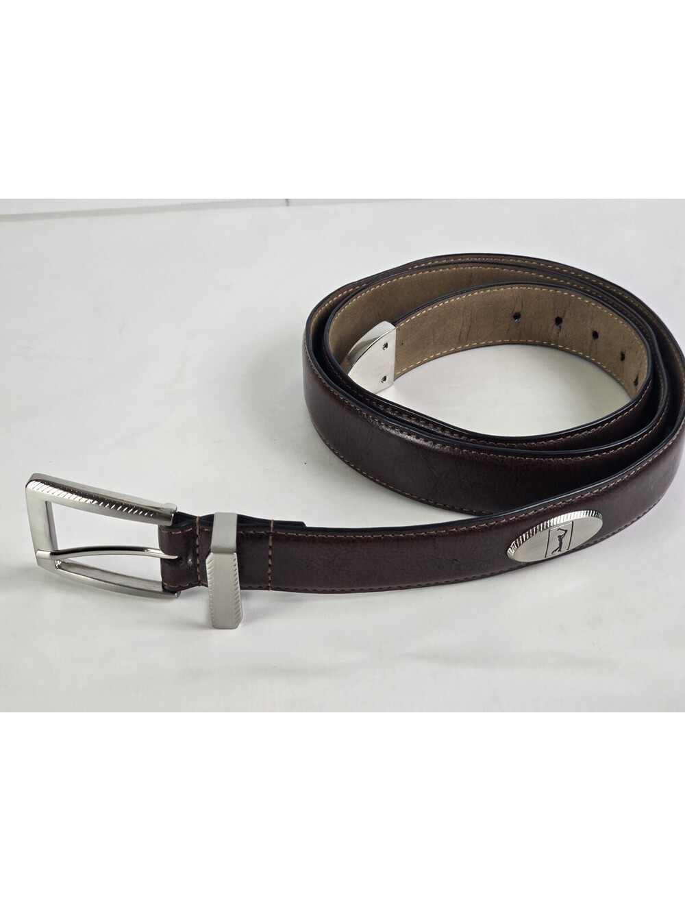 PGA TOUR Men's Size 44 Brown Top Grain Leather Golf Belt Silver Buckle Golfer